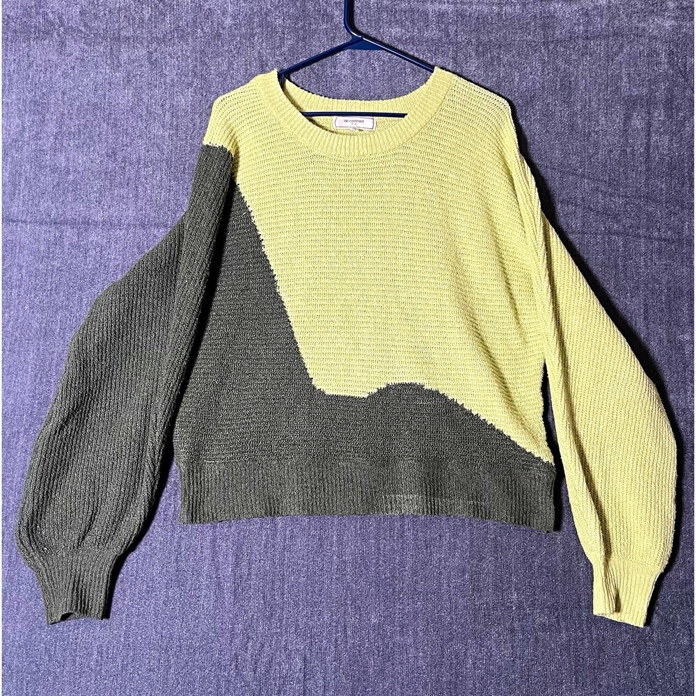 No Comment Women's XL Sweater Green Gray Colorblock Crew Neck Pullover Knit